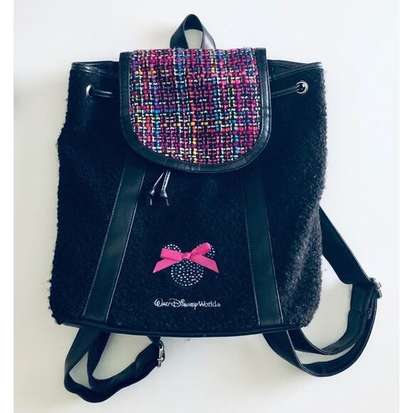 Walt Disney World Boucle Mouse Ears Backpack Pink Black Tweed Rhinestone Bow - Picture 1 of 11